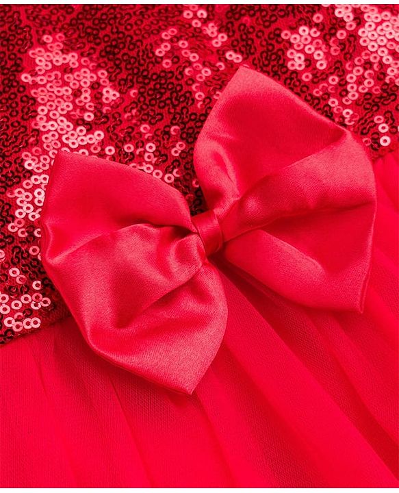 Babyhug Woven Solid Puffed Sleeves Party Dress Sequin Detailing with Bow - Red