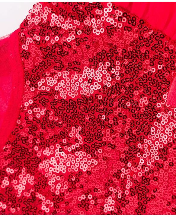 Babyhug Woven Solid Puffed Sleeves Party Dress Sequin Detailing with Bow - Red