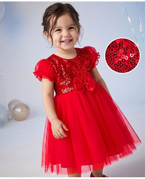 Babyhug Woven Solid Puffed Sleeves Party Dress Sequin Detailing with Bow - Red
