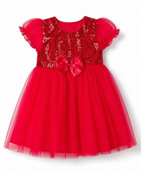 Babyhug Woven Solid Puffed Sleeves Party Dress Sequin Detailing with Bow - Red