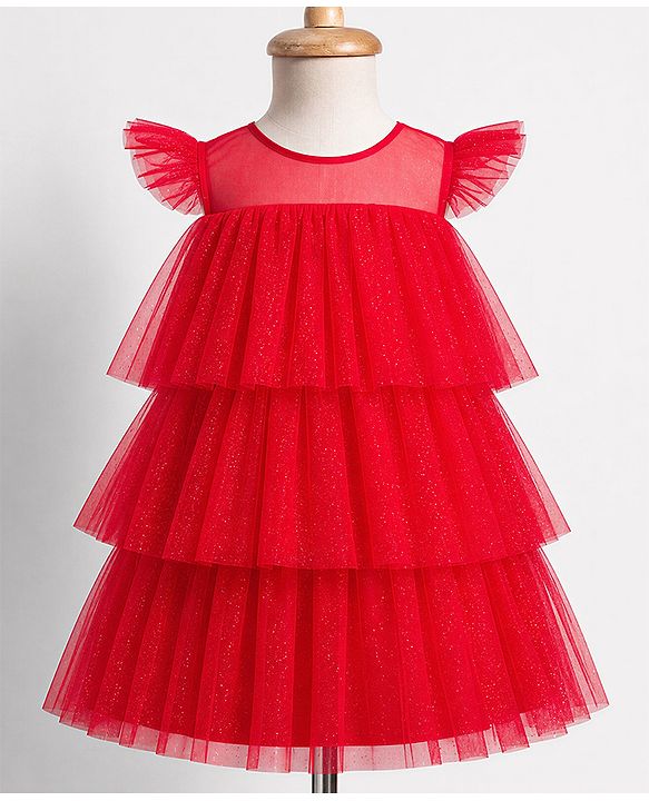 Babyhug Woven Solid Mesh Ruffles Sleeves Party Dress  - Red