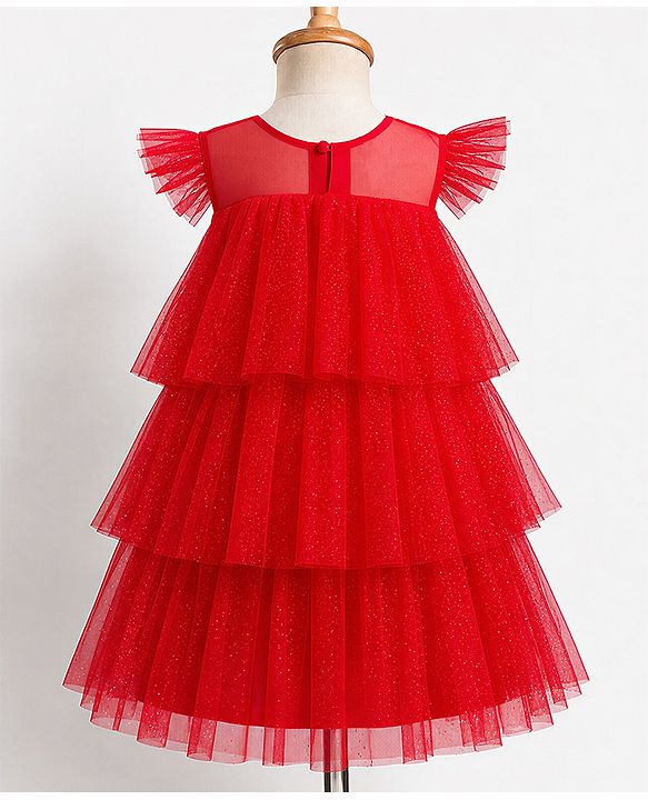 Babyhug Woven Solid Mesh Ruffles Sleeves Party Dress  - Red