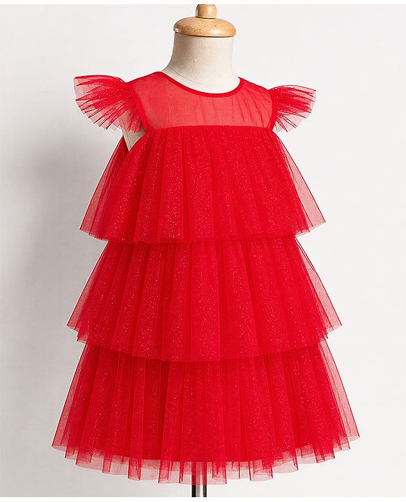 Babyhug Woven Solid Mesh Ruffles Sleeves Party Dress  - Red