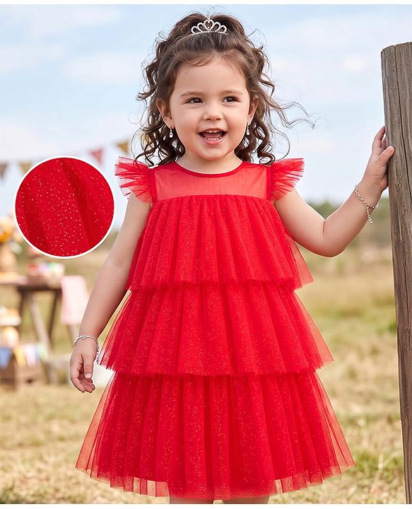 Babyhug Woven Solid Mesh Ruffles Sleeves Party Dress  - Red