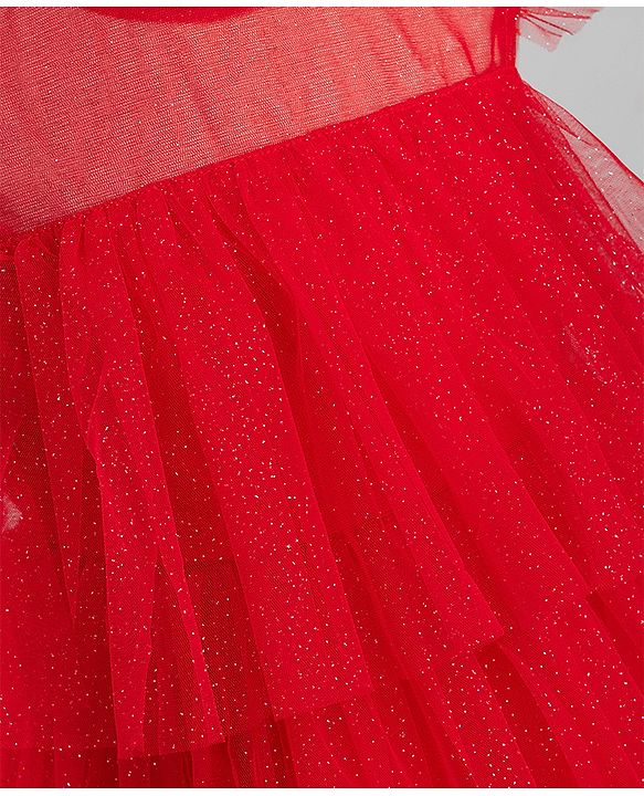 Babyhug Woven Solid Mesh Ruffles Sleeves Party Dress  - Red