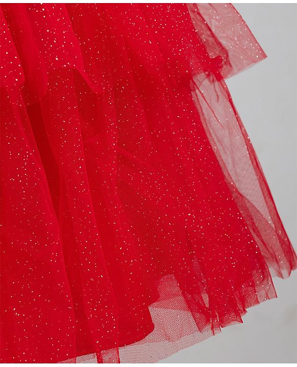 Babyhug Woven Solid Mesh Ruffles Sleeves Party Dress  - Red