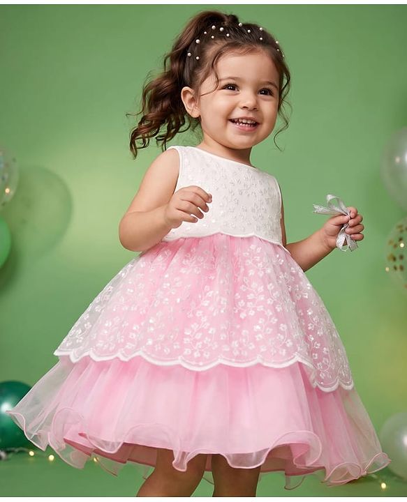 Babyhug Solid Mesh Woven Sleeveless Party Dress With Floral Embroidery -Pink