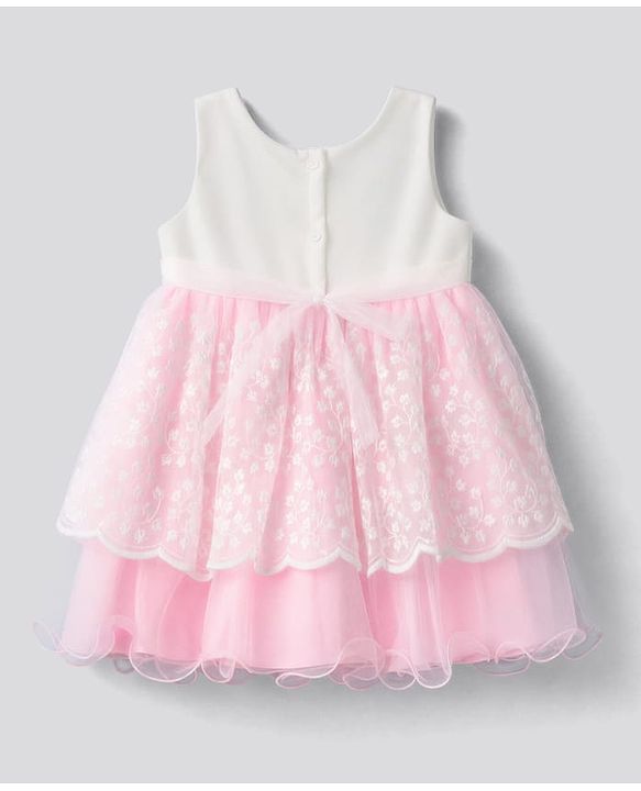 Babyhug Solid Mesh Woven Sleeveless Party Dress With Floral Embroidery -Pink