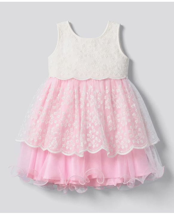 Babyhug Solid Mesh Woven Sleeveless Party Dress With Floral Embroidery -Pink