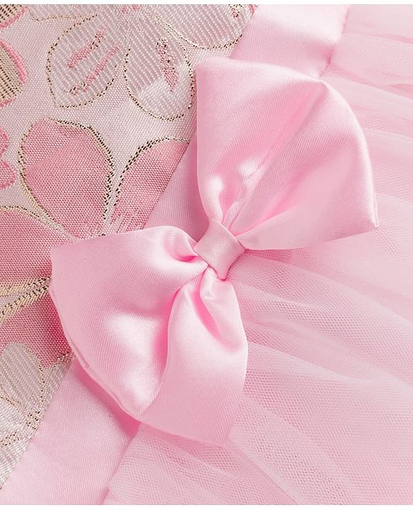 Babyhug Woven Frill Sleeves Brocade Yoke Party Dress with Bow Applique - Pink