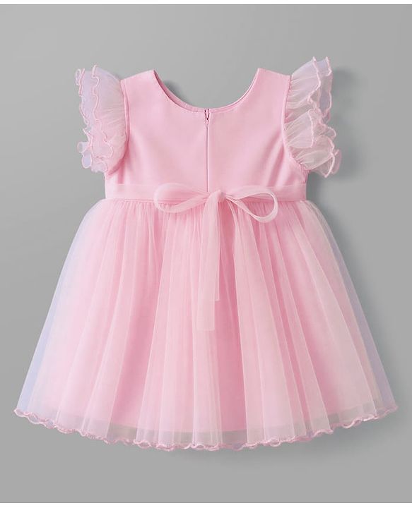 Babyhug Woven Frill Sleeves Brocade Yoke Party Dress with Bow Applique - Pink