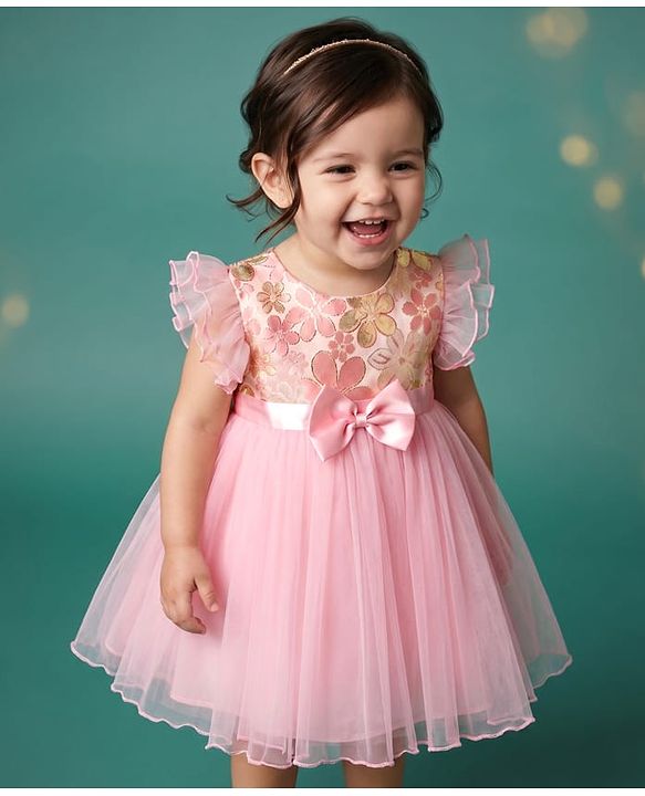 Babyhug Woven Frill Sleeves Brocade Yoke Party Dress with Bow Applique - Pink