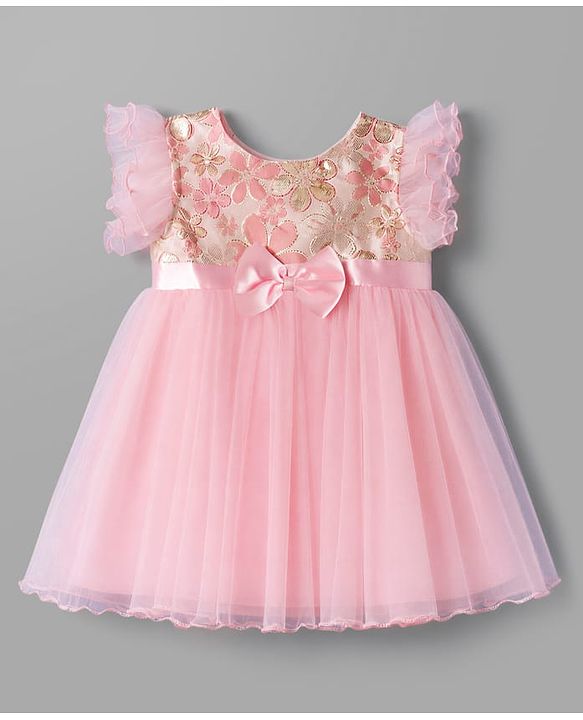 Babyhug Woven Frill Sleeves Brocade Yoke Party Dress with Bow Applique - Pink
