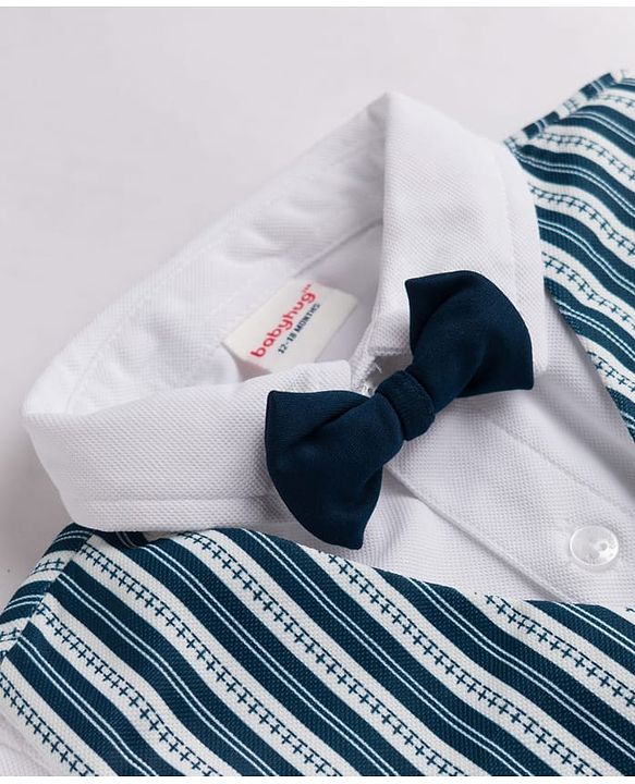 Babyhug Woven Full Sleeves Solid Shirt With Trouser & Striped Waistcoat Three Piece Party Suit With Bow - Navy Blue