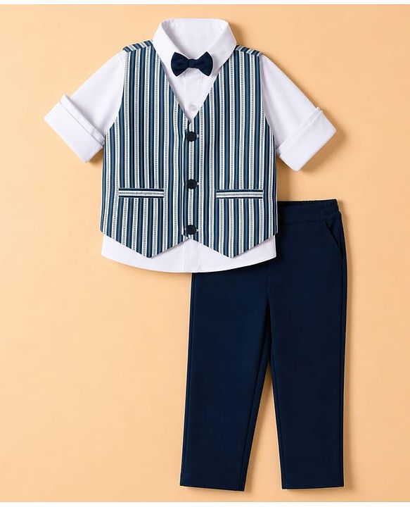 Babyhug Woven Full Sleeves Solid Shirt With Trouser & Striped Waistcoat Three Piece Party Suit With Bow - Navy Blue