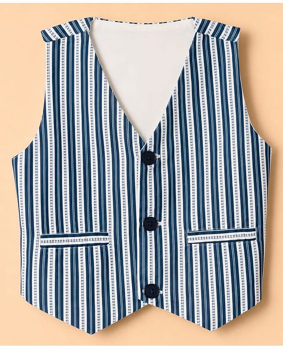 Babyhug Woven Full Sleeves Solid Shirt With Trouser & Striped Waistcoat Three Piece Party Suit With Bow - Navy Blue