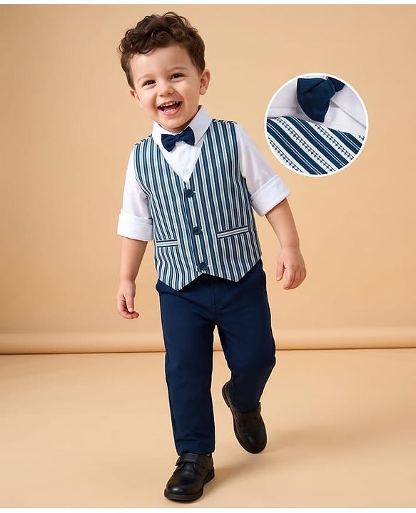 Babyhug Woven Full Sleeves Solid Shirt With Trouser & Striped Waistcoat Three Piece Party Suit With Bow - Navy Blue