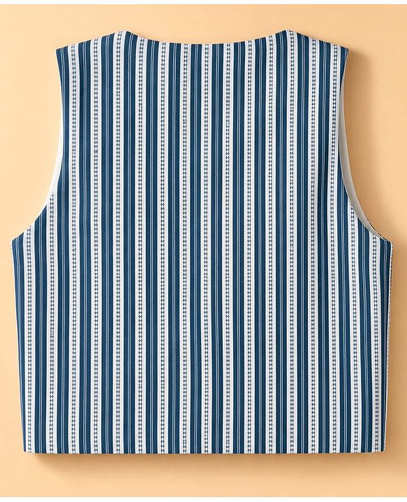 Babyhug Woven Full Sleeves Solid Shirt With Trouser & Striped Waistcoat Three Piece Party Suit With Bow - Navy Blue