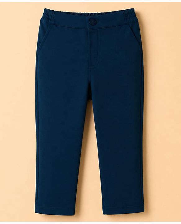 Babyhug Woven Full Sleeves Solid Shirt With Trouser & Striped Waistcoat Three Piece Party Suit With Bow - Navy Blue