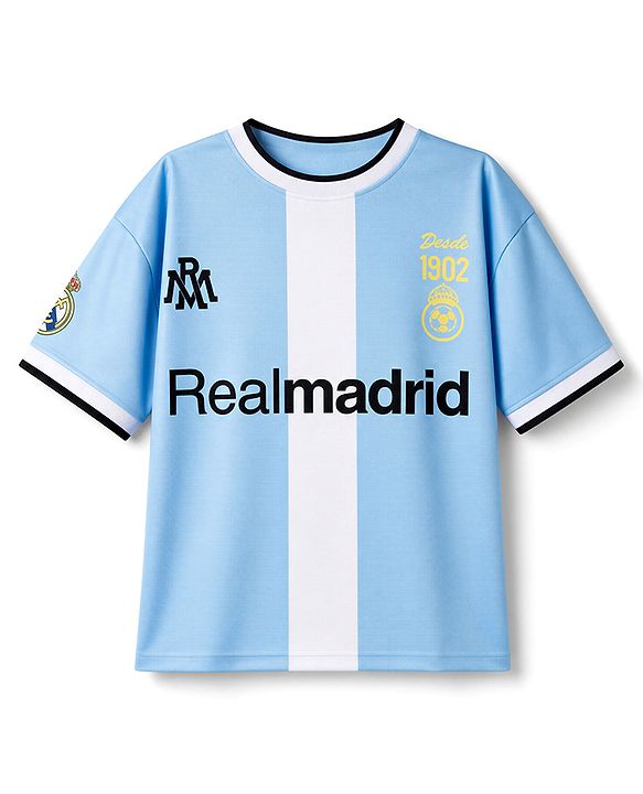Pine Active Knit Half Sleeves Realmadrid Text Print Football T-Shirt - Light Blue