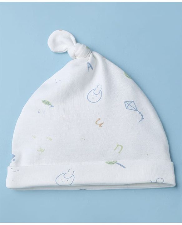 Babyhug 100% Cotton Interlock Knit Cap with Stripes & Alphabet Print Pack of 2 White & Khaki - Diameter 17 cm
