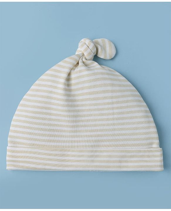 Babyhug 100% Cotton Interlock Knit Cap with Stripes & Alphabet Print Pack of 2 White & Khaki - Diameter 17 cm