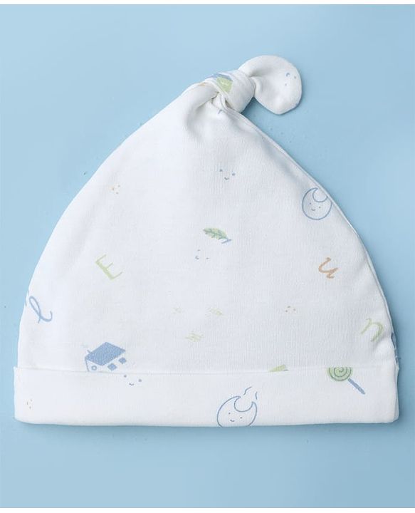 Babyhug 100% Cotton Interlock Knit Cap with Stripes & Alphabet Print Pack of 2 White & Khaki - Diameter 17 cm