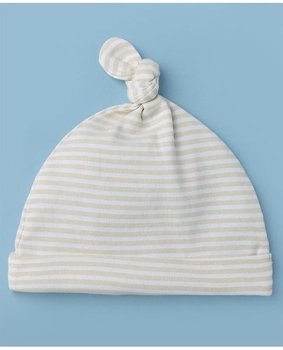Babyhug 100% Cotton Interlock Knit Cap with Stripes & Alphabet Print Pack of 2 White & Khaki - Diameter 17 cm