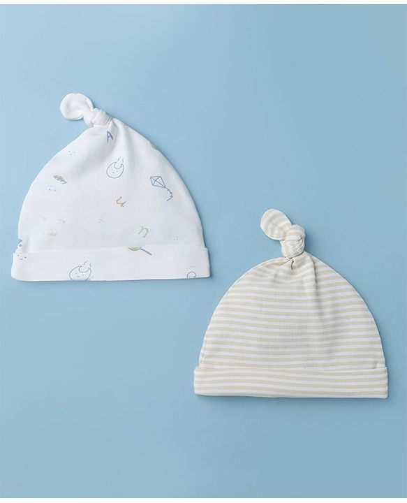 Babyhug 100% Cotton Interlock Knit Cap with Stripes & Alphabet Print Pack of 2 White & Khaki - Diameter 17 cm