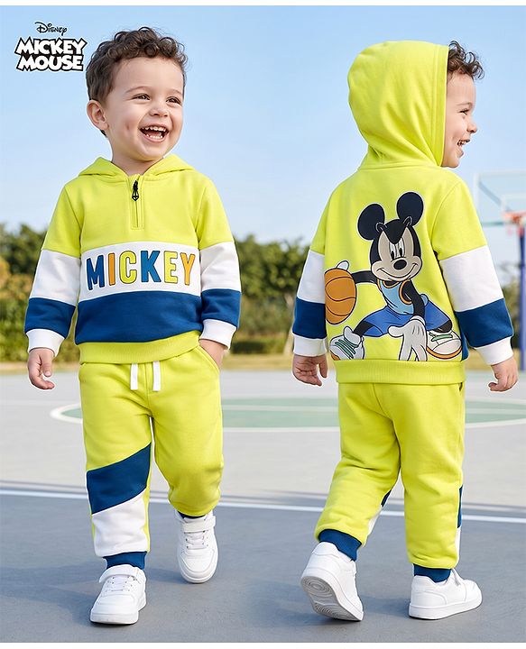 Babyhug Disney 100% Cotton Terry Knit Full Sleeves Hooded Sweatshirt and Joggers with Full Length and Mickey Print at Front & Back in Green