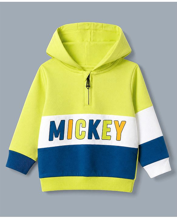 Babyhug Disney 100% Cotton Terry Knit Full Sleeves Hooded Sweatshirt and Joggers with Full Length and Mickey Print at Front & Back in Green