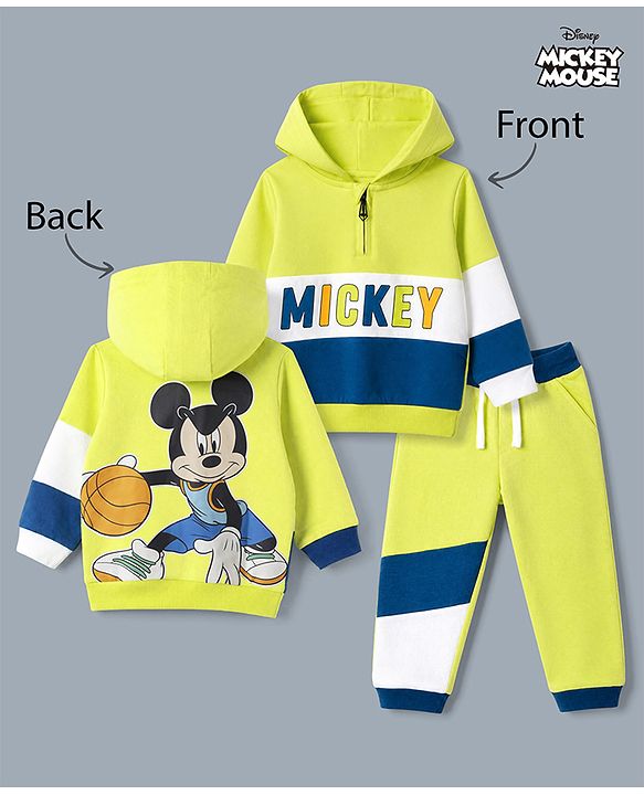 Babyhug Disney 100% Cotton Terry Knit Full Sleeves Hooded Sweatshirt and Joggers with Full Length and Mickey Print at Front & Back in Green
