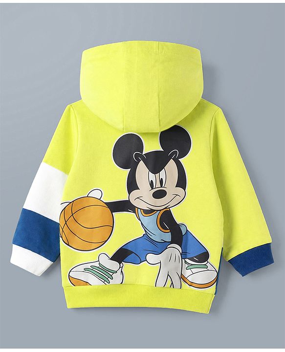 Babyhug Disney 100% Cotton Terry Knit Full Sleeves Hooded Sweatshirt and Joggers with Full Length and Mickey Print at Front & Back in Green