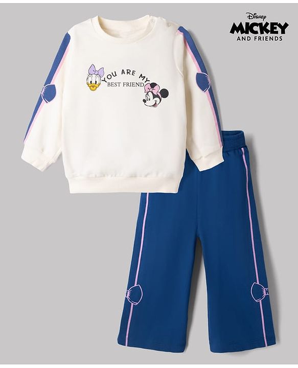 Babyhug Disney 100% Cotton Terry Knit Full Sleeves Sweatshirt and Pant with Front& Back Minnie Mouse & Daisy Duck Graphic Print - White & Blue