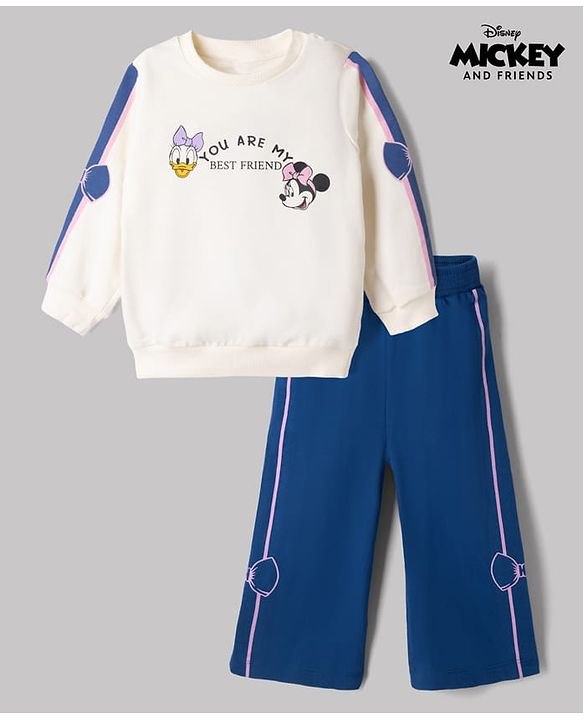 Babyhug Disney 100% Cotton Terry Knit Full Sleeves Sweatshirt and Pant with Front& Back Minnie Mouse & Daisy Duck Graphic Print - White & Blue