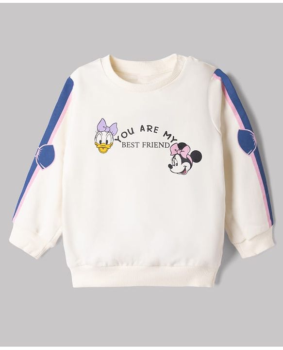Babyhug Disney 100% Cotton Terry Knit Full Sleeves Sweatshirt and Pant with Front& Back Minnie Mouse & Daisy Duck Graphic Print - White & Blue