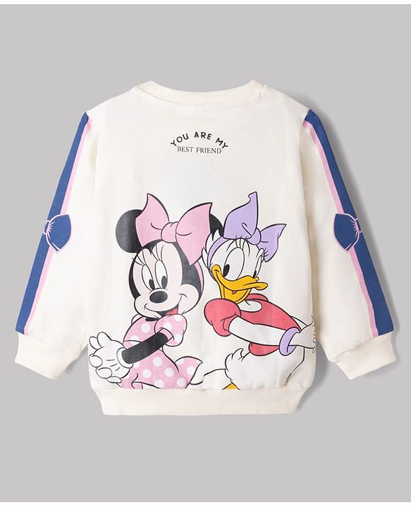 Babyhug Disney 100% Cotton Terry Knit Full Sleeves Sweatshirt and Pant with Front& Back Minnie Mouse & Daisy Duck Graphic Print - White & Blue