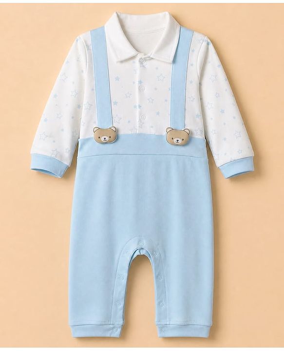 Babyhug 100% Cotton Interlock Knit Collared Full Sleeves Romper with Bear Applique and Star Print - Light Blue