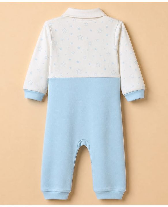 Babyhug 100% Cotton Interlock Knit Collared Full Sleeves Romper with Bear Applique and Star Print - Light Blue