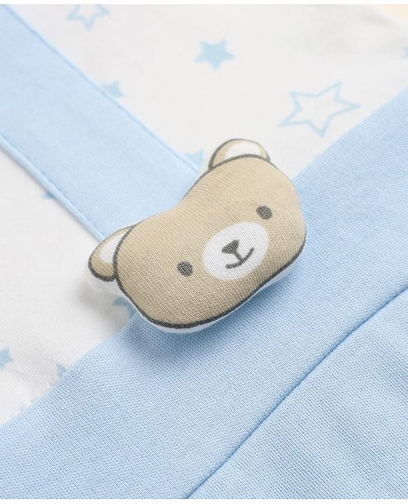 Babyhug 100% Cotton Interlock Knit Collared Full Sleeves Romper with Bear Applique and Star Print - Light Blue