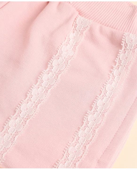 Babyhug Cotton Looper Knit Full Length Lounge Pants with 95 Patch Print with Lace Details - Pink
