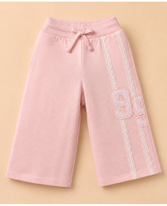 Babyhug Cotton Looper Knit Full Length Lounge Pants with 95 Patch Print with Lace Details - Pink