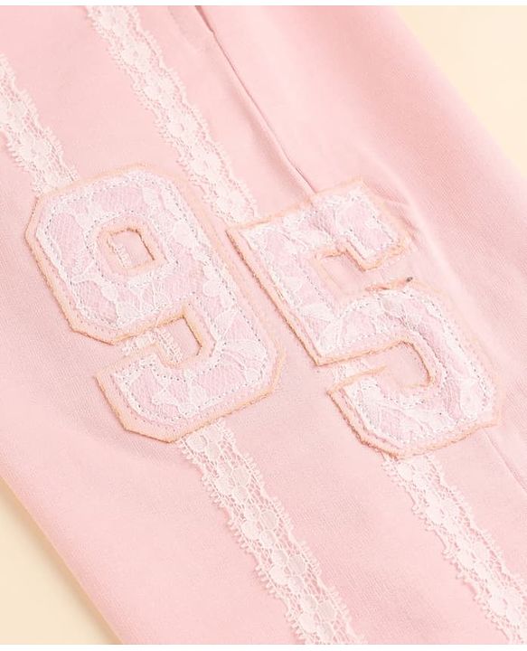 Babyhug Cotton Looper Knit Full Length Lounge Pants with 95 Patch Print with Lace Details - Pink