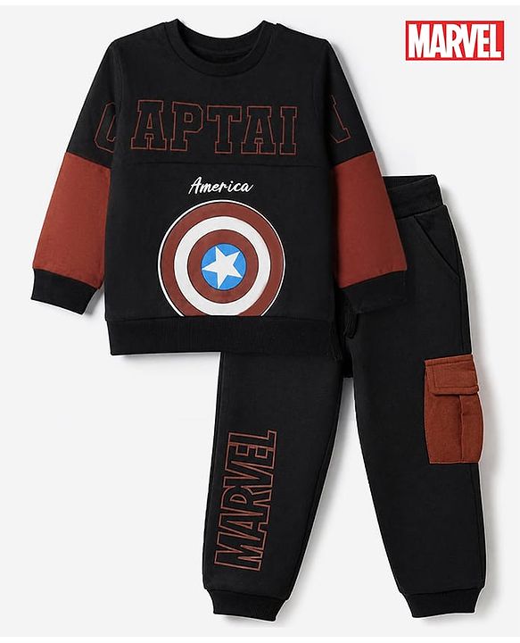 Babyhug Marvel 100% Cotton Terry Full Sleeves Sweatshirt and Joggers with Shield Print - Black
