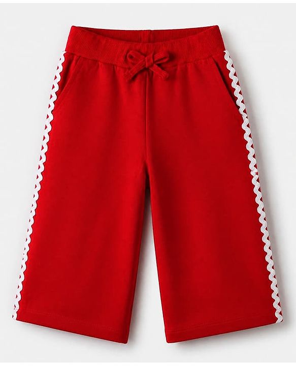 Babyhug Cotton Knit Jogger Fit Full Length Lounge Pant With Lace Detailing in Red