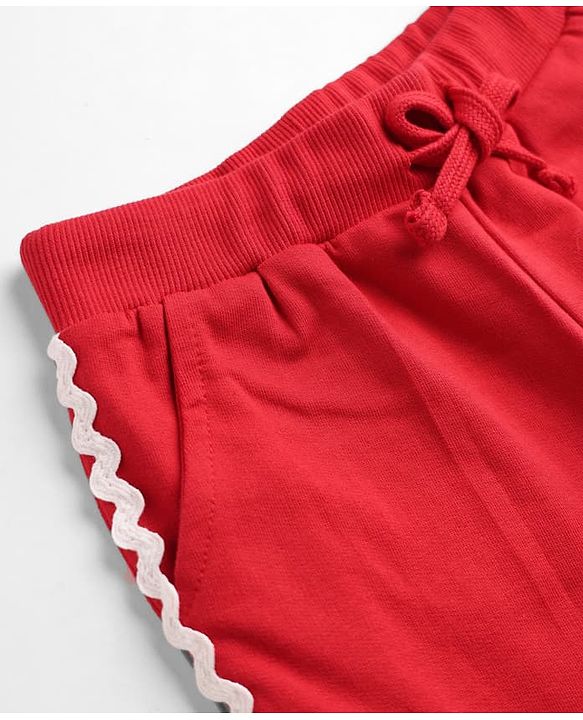 Babyhug Cotton Knit Jogger Fit Full Length Lounge Pant With Lace Detailing in Red