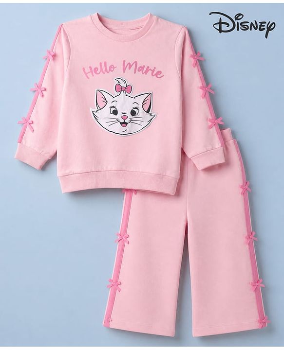 Babyhug Disney 100% Cotton Terry Knit Full Sleeves Sweatshirt and Joggers Set with Marie Graphic & Bow Applique in Pink