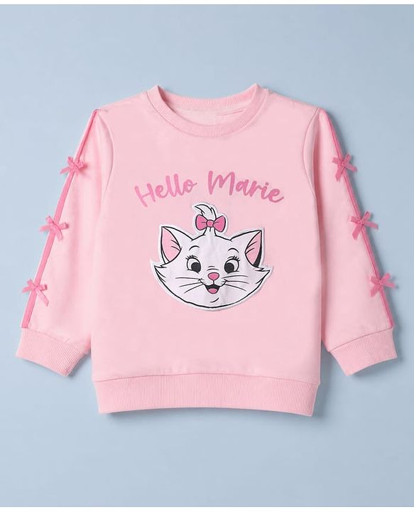 Babyhug Disney 100% Cotton Terry Knit Full Sleeves Sweatshirt and Joggers Set with Marie Graphic & Bow Applique in Pink