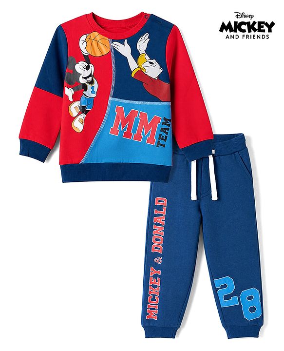 Babyhug Disney 100% Cotton Terry Knit Full Sleeves Sweatshirt and Joggers Set with Mickey Mouse Graphic in Red