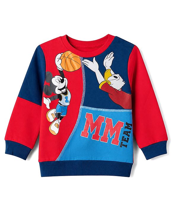 Babyhug Disney 100% Cotton Terry Knit Full Sleeves Sweatshirt and Joggers Set with Mickey Mouse Graphic in Red